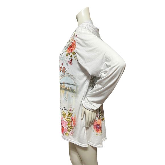 Sweet Gisele "Memphis" Rhinestone Double Sided LS White Hoodie  (Fits Like XL) - Picture 3 of 4